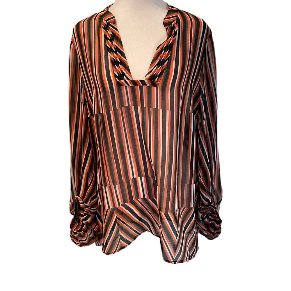 Cabi Orange, Blue, Green & White Striped Sheer V-Neck Blouse Small - Picture 2 of 13